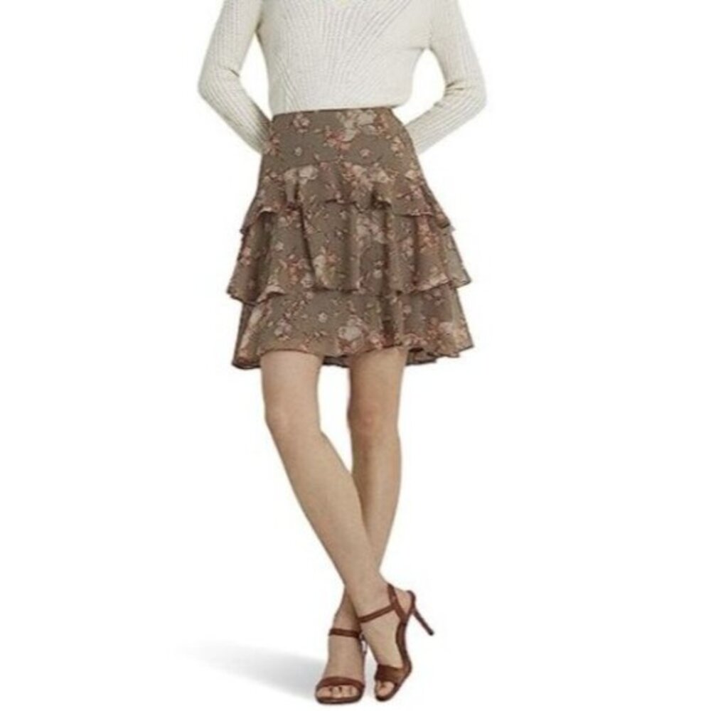 Lauren Ralph Lauren Womens Floral Crinkle Georgette Tiered Skirt Size 16‎ NWT